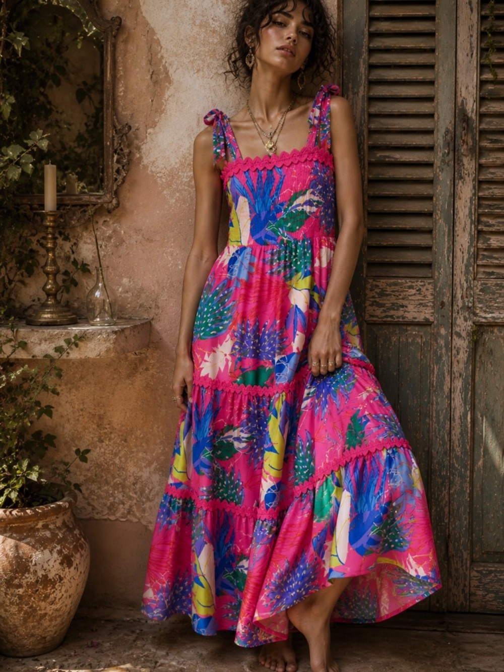 Umgee Hot Pink Tropical Maxi Dress Small NWT Ric Rac Tiered